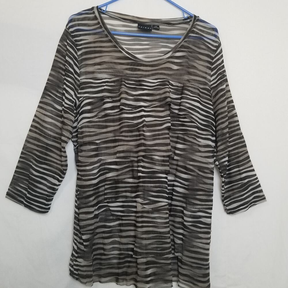 Tribal Animal Print Sheer Layered Ruffle Top 3/4 Slv Scp Neck Black Gray Sz XXL